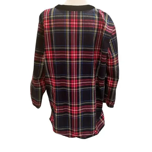 Talbots Velvet Trim Top Red Plaid Long Sleeve Split Neck Womens XL Christmas - Picture 3 of 12